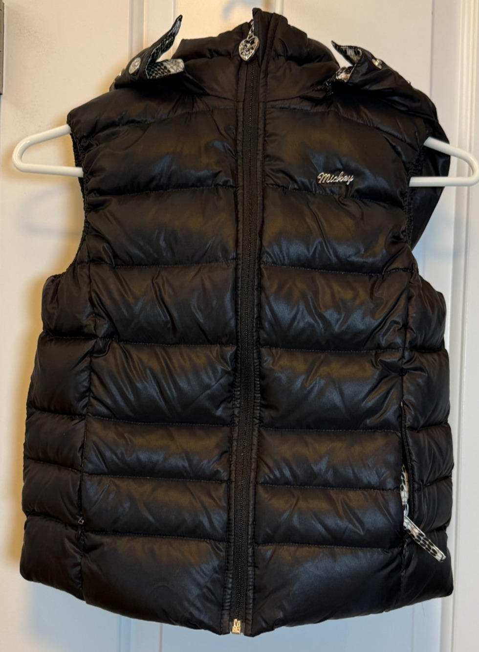 Disney Mickey Mouse Kids Approx 7-8 Down Black Puffer Vest Removable Hood 130/60